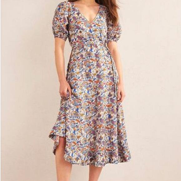Boden Floral Paisley Print Midi Dress Full Skirt Short Sleeve Linen Summer 10L - Picture 2 of 16